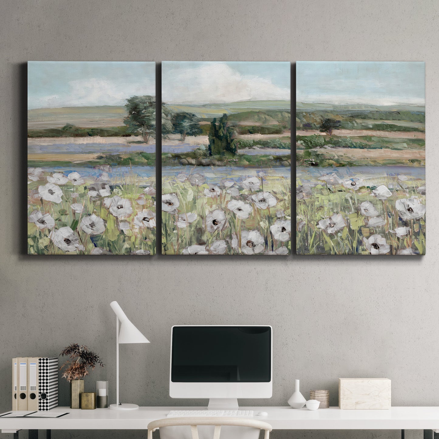 Three-panel canvas wall art featuring vintage poppy filled valley, displayed above a desk in a home office.