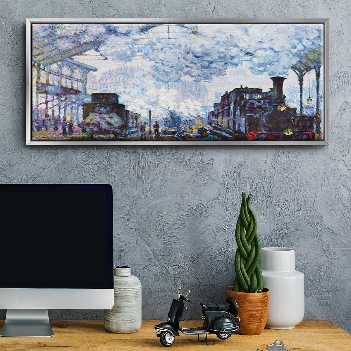 Saint Lazare Station in Paris, Arrival of a Train - Floater Framed Canvas Print