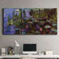 Three-panel canvas wall art featuring water lilies on calm pond, displayed above a desk in a home office.