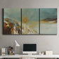 Three-panel canvas wall art featuring earth toned abstract solar landscape, displayed above a desk in a home office.