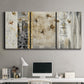 Three-panel canvas wall art featuring abstract willow inspired vertical forms, displayed above a desk in a home office.