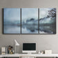 Three-panel canvas wall art featuring calm waters at sunrise photograph, displayed above a desk in a home office.