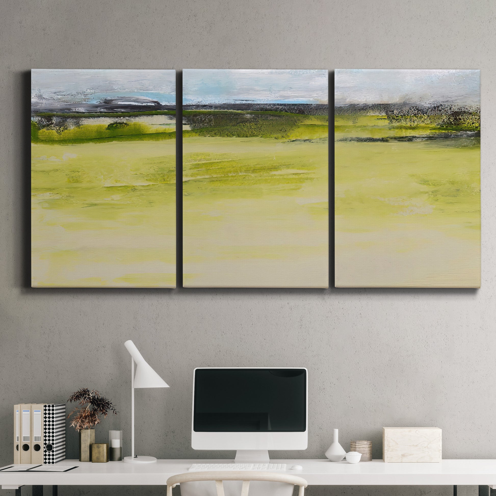 Three-panel canvas wall art featuring abstract terrace landscape view, displayed above a desk in a home office.
