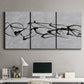 Three-panel canvas wall art featuring minimal abstract frequency lines, displayed above a desk in a home office.