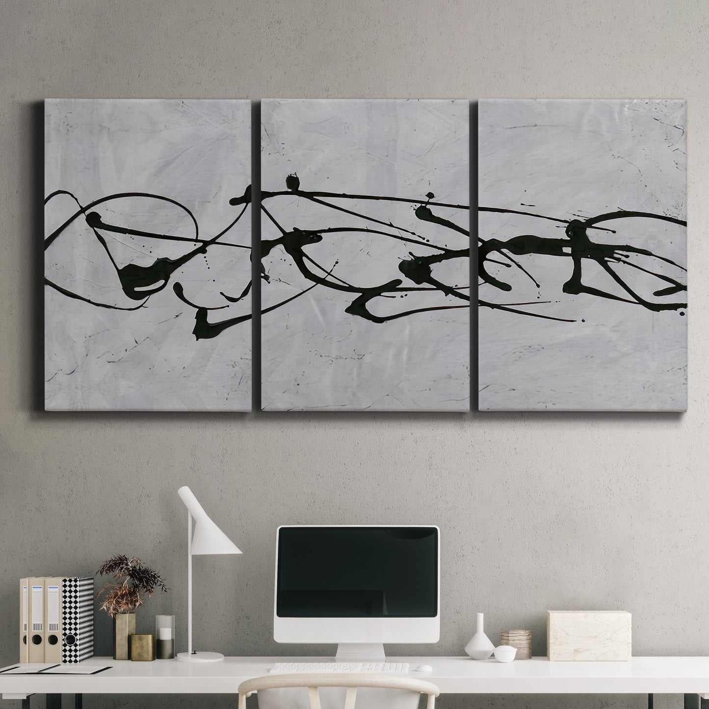Three-panel canvas wall art featuring minimal abstract frequency lines, displayed above a desk in a home office.