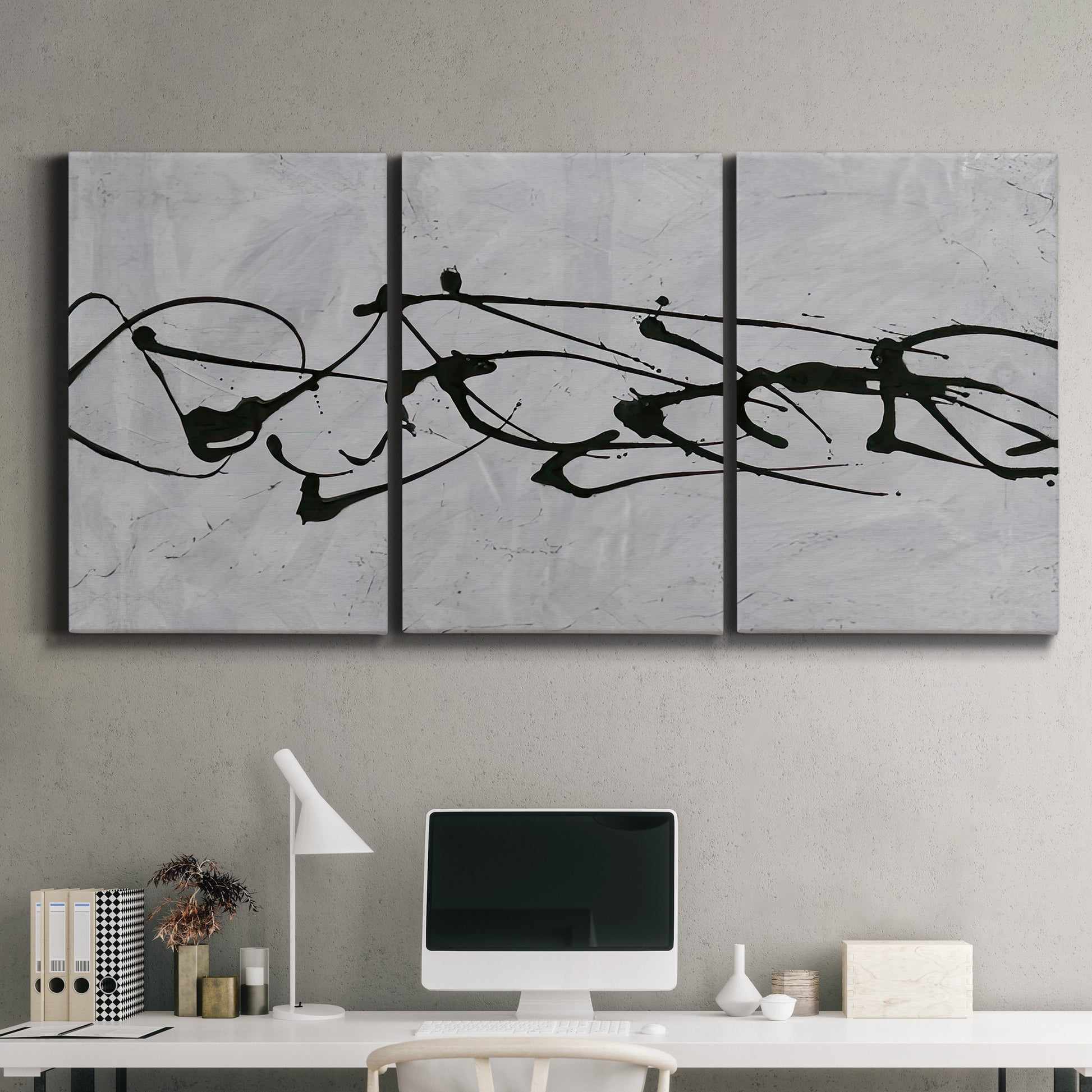 Three-panel canvas wall art featuring minimal abstract frequency lines, displayed above a desk in a home office.