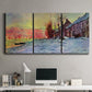 Three-panel canvas wall art featuring river view beneath cloudy sky, displayed above a desk in a home office.