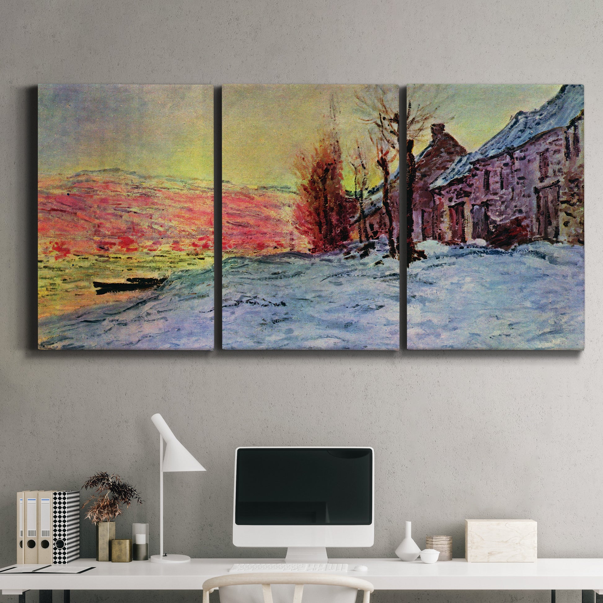 Three-panel canvas wall art featuring river view beneath cloudy sky, displayed above a desk in a home office.