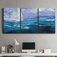 Three-panel canvas wall art featuring impressionist nautical harbor scene, displayed above a desk in a home office.