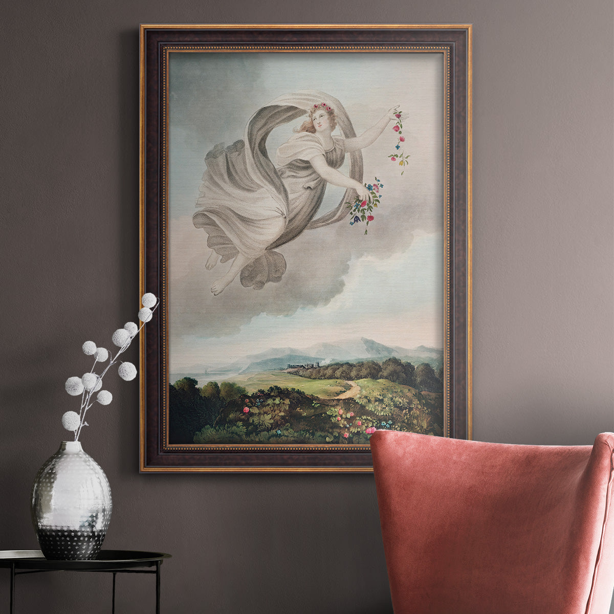Classical allegorical depiction of the goddess Flora by Robert John Thornton in an ornate bronzed mahogany wood frame displayed in a neutral interior setting.