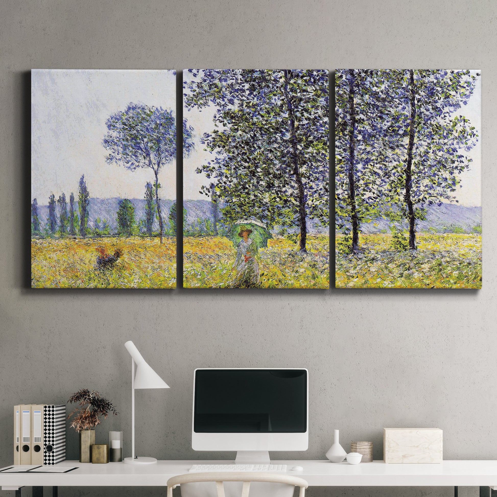 Three-panel canvas wall art featuring sunlight filtering through tall poplars, displayed above a desk in a home office.