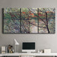 Three-panel canvas wall art featuring riverside park with figures and trees, displayed above a desk in a home office.