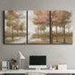 Three-panel canvas wall art featuring soft pastel park landscape scene, displayed above a desk in a home office.