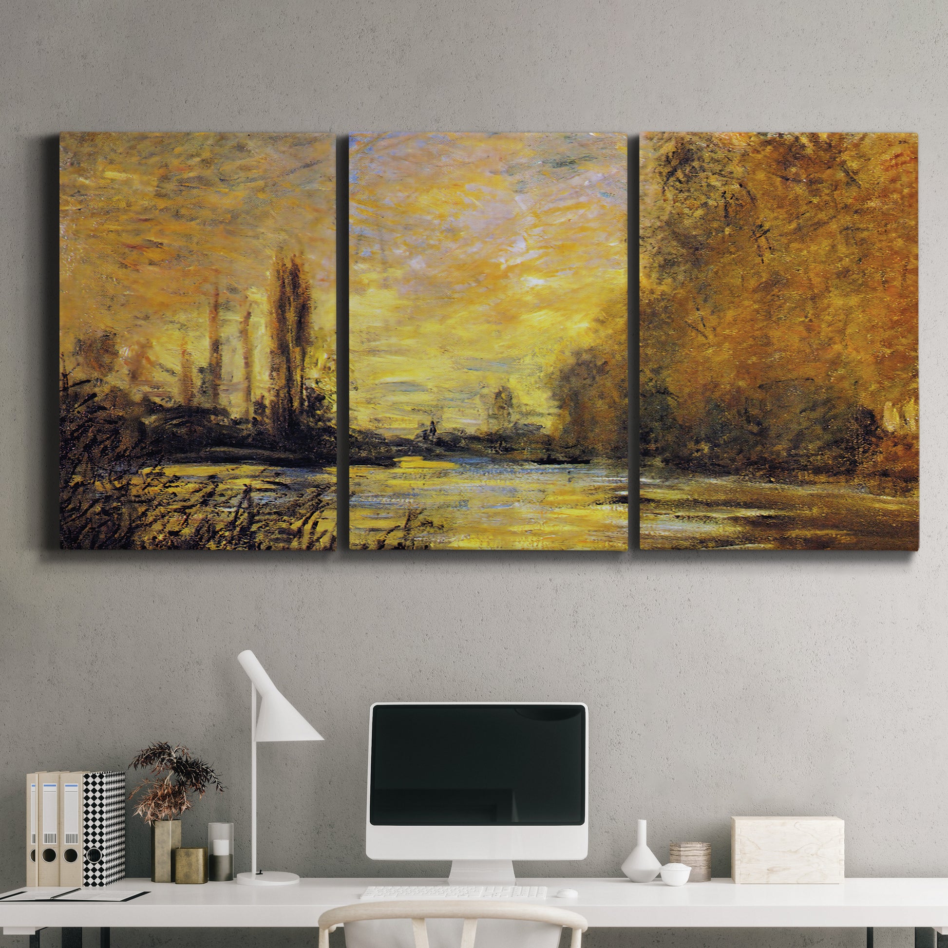 Three-panel canvas wall art featuring quiet river branch landscape, displayed above a desk in a home office.