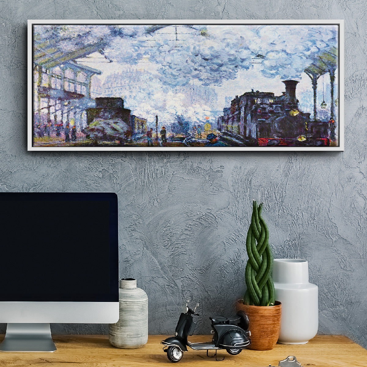 Saint Lazare Station in Paris, Arrival of a Train - Floater Framed Canvas Print