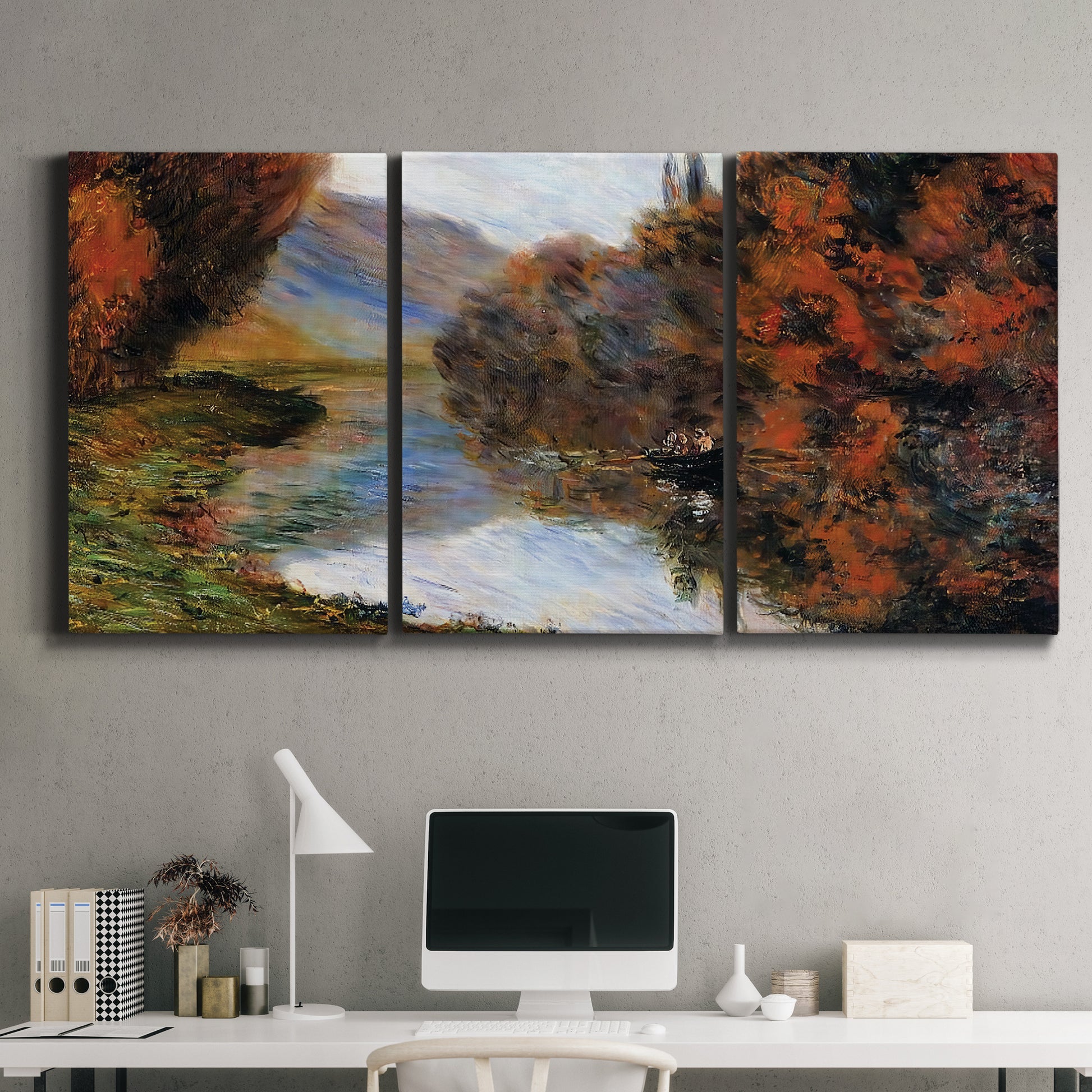 Three-panel canvas wall art featuring rowboat on quiet river bend, displayed above a desk in a home office.