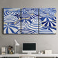 Three-panel canvas wall art featuring geometric abstract bowl forms, displayed above a desk in a home office.
