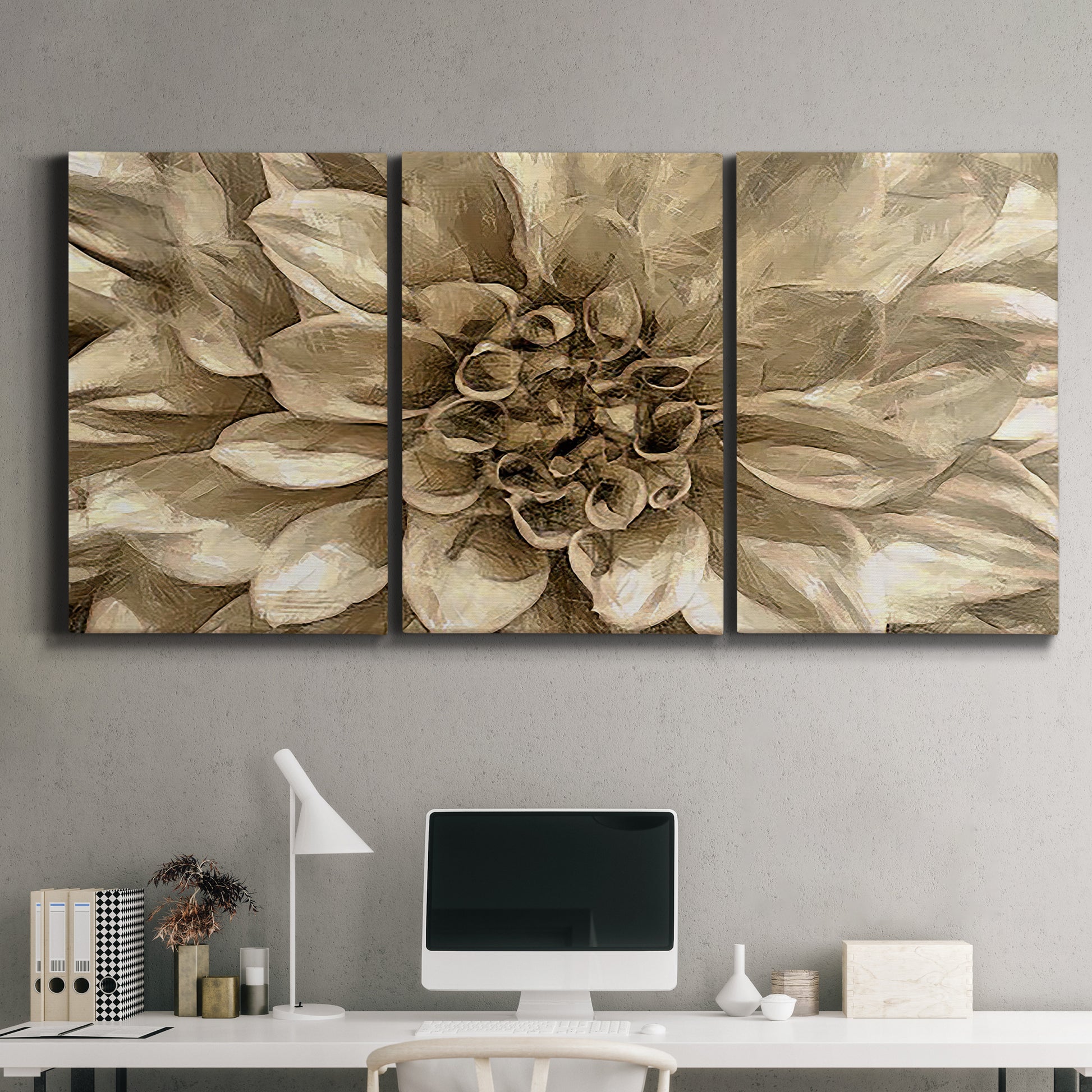 Three-panel canvas wall art featuring monochrome floral linework composition, displayed above a desk in a home office.