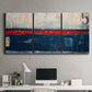 Three-panel canvas wall art featuring weathered coastal dock scene, displayed above a desk in a home office.