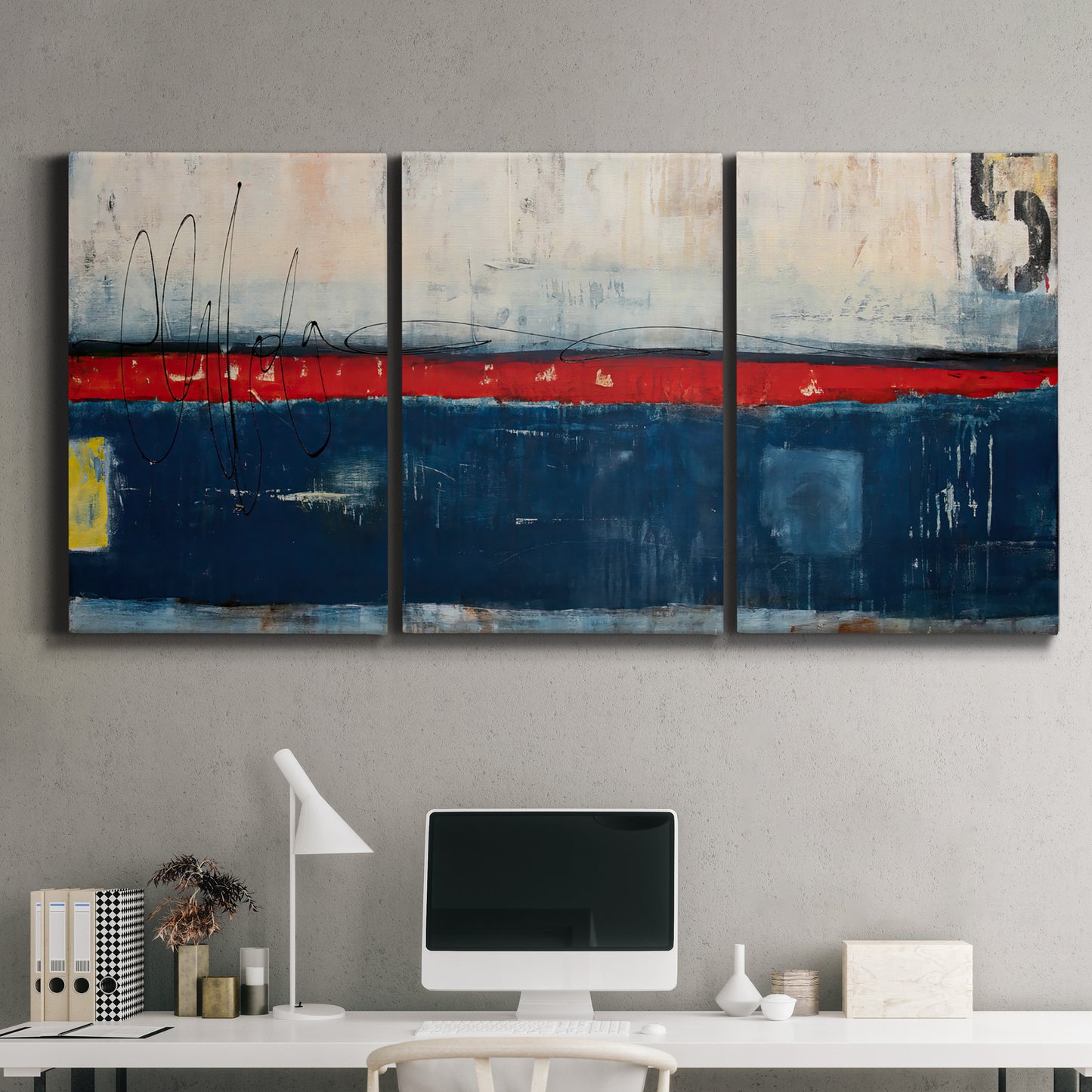 Three-panel canvas wall art featuring weathered coastal dock scene, displayed above a desk in a home office.