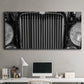 Three-panel canvas wall art featuring vintage car grille detail, displayed above a desk in a home office.