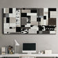 Three-panel canvas wall art featuring rectangular mid century geometric abstraction, displayed above a desk in a home office.