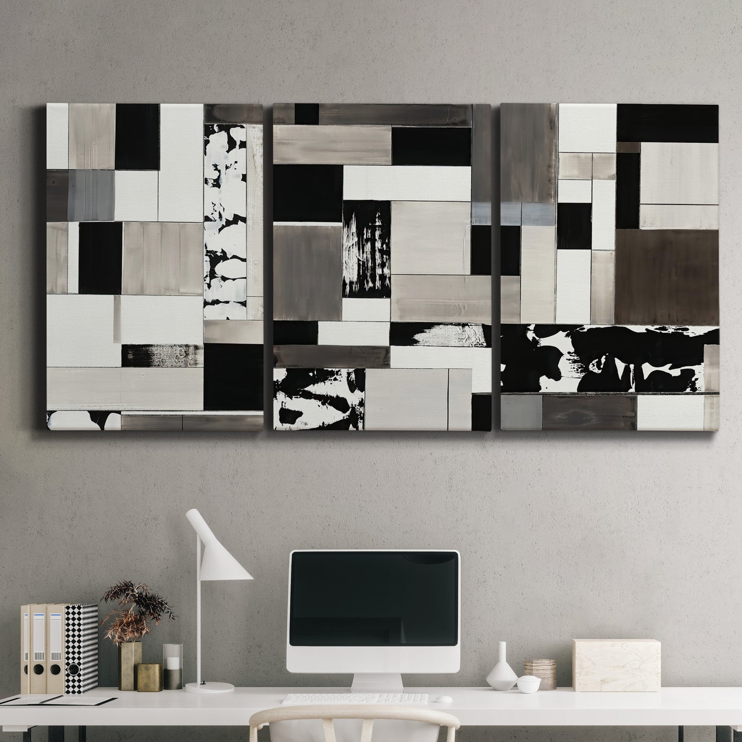 Three-panel canvas wall art featuring rectangular mid century geometric abstraction, displayed above a desk in a home office.