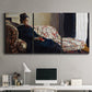 Three-panel canvas wall art featuring woman resting on sofa indoors, displayed above a desk in a home office.