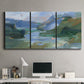 Three-panel canvas wall art featuring abstract landscape composition study, displayed above a desk in a home office.