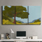 Three-panel canvas wall art featuring sunlit public park landscape view, displayed above a desk in a home office.