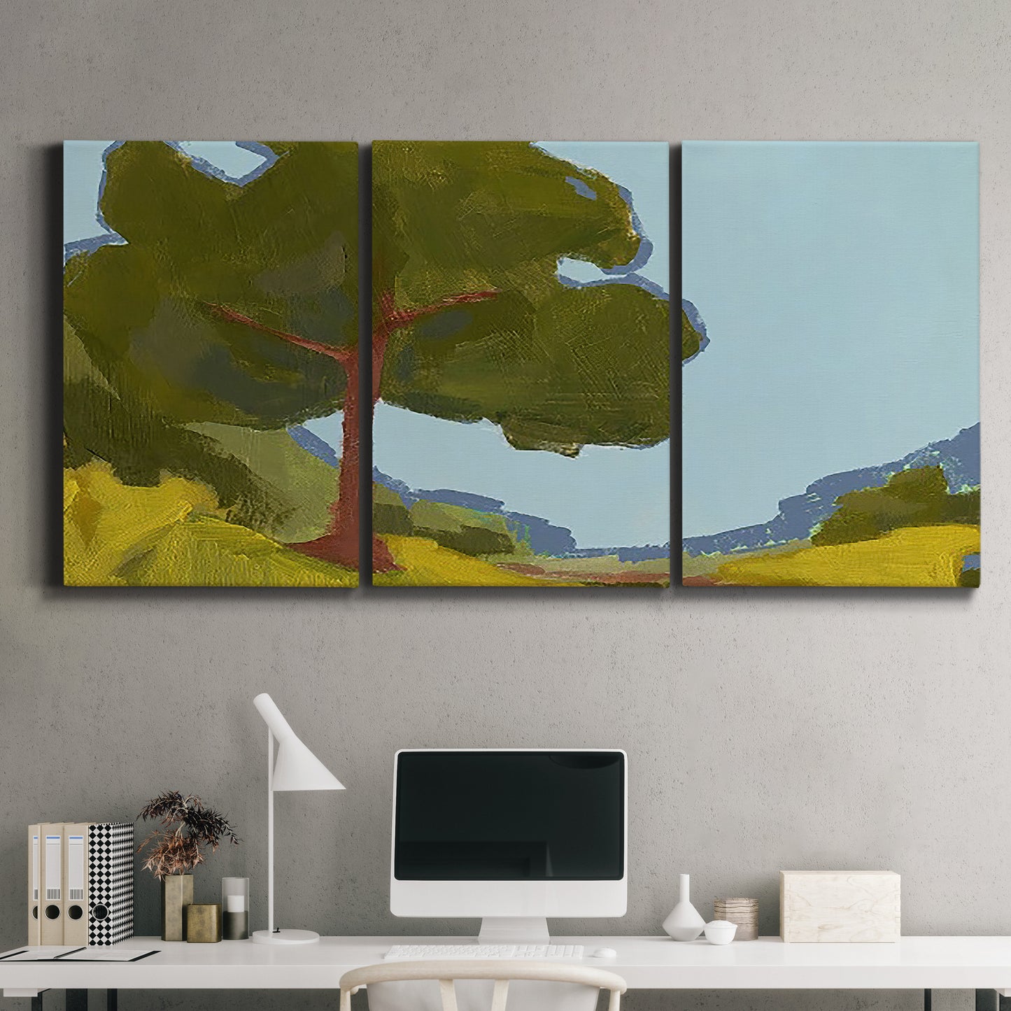 Three-panel canvas wall art featuring sunlit public park landscape view, displayed above a desk in a home office.