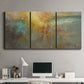 Three-panel canvas wall art featuring muted abstract river inspired tones, displayed above a desk in a home office.