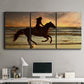 Three-panel canvas wall art featuring running horse along beach photograph, displayed above a desk in a home office.