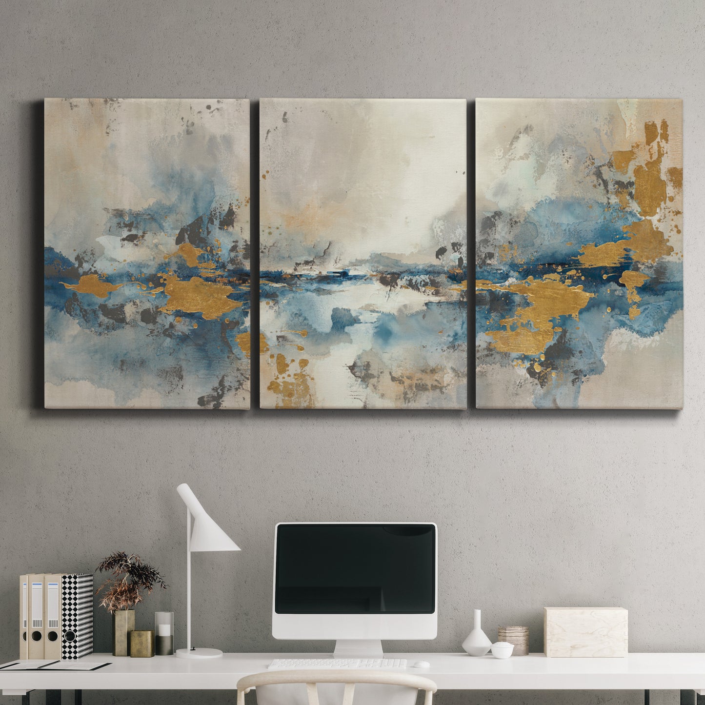 Three-panel canvas wall art featuring abstract soft morning light, displayed above a desk in a home office.