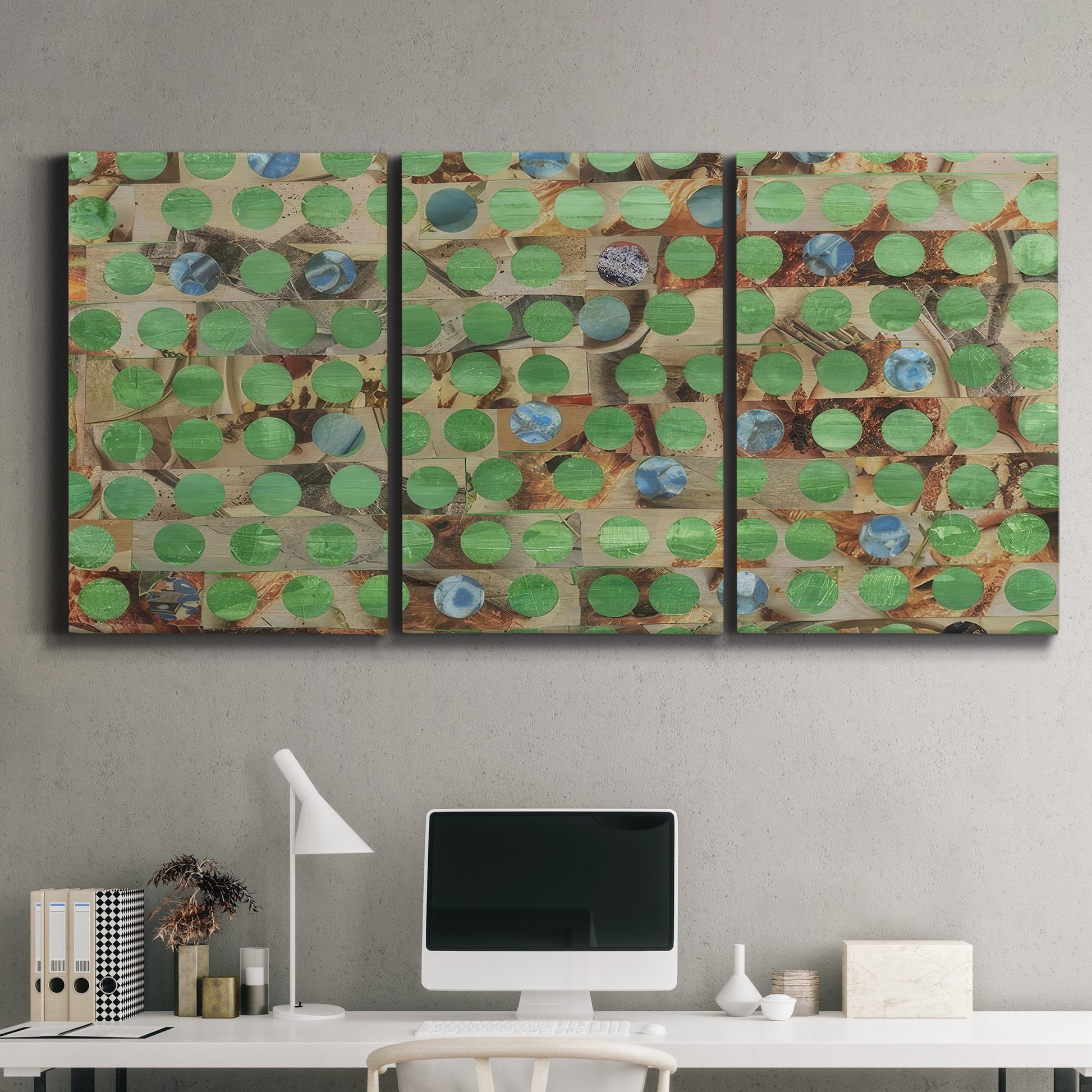 Three-panel canvas wall art featuring geometric fractal abstract slot pattern, displayed above a desk in a home office.