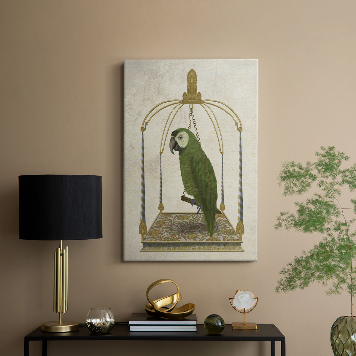 Green Parrot on Swing - Canvas Art Print