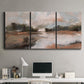 Three-panel canvas wall art featuring quiet pond with soft reflections, displayed above a desk in a home office.