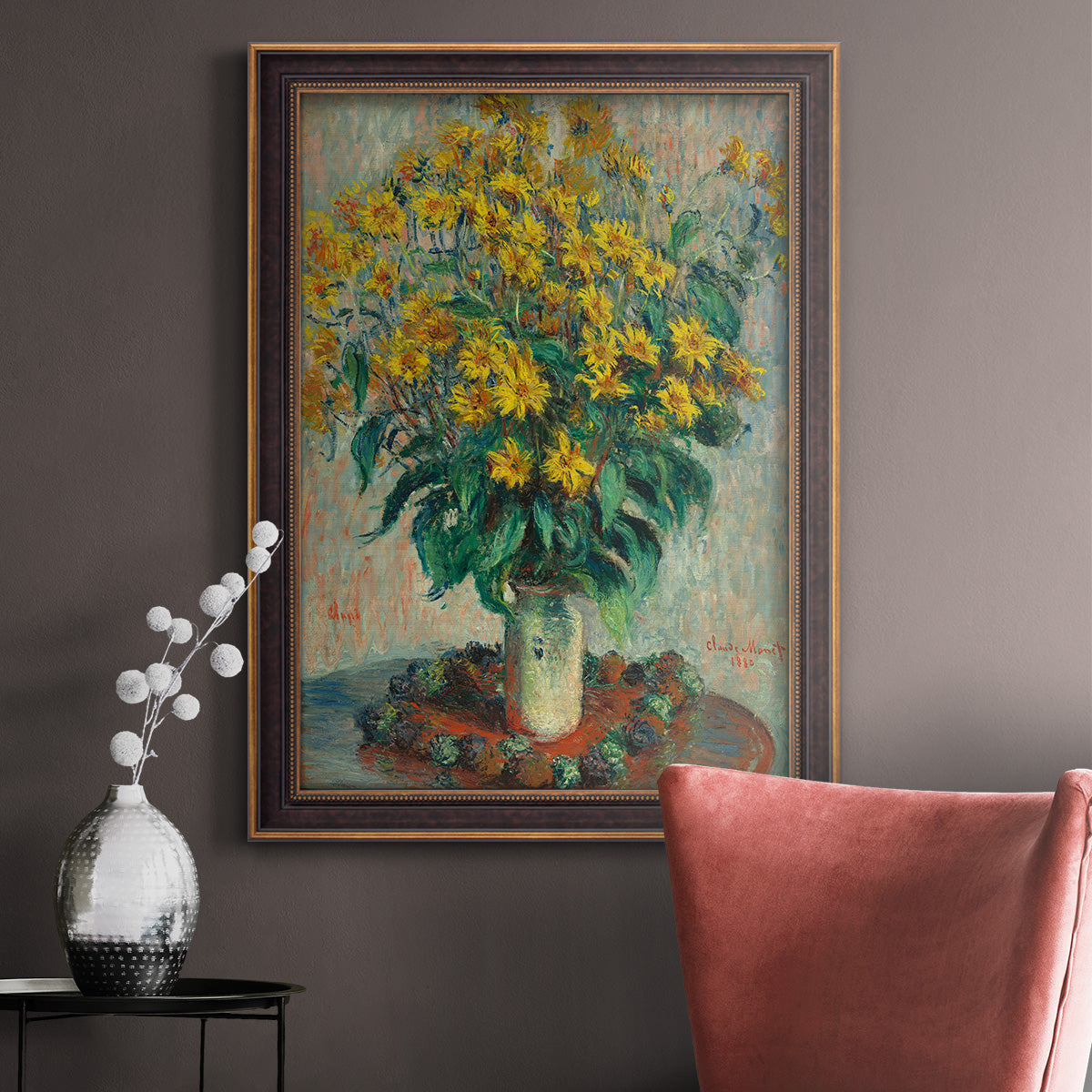 Impressionist floral painting of artichoke flowers by Claude Monet in an ornate bronzed mahogany wood frame displayed in a neutral interior setting.