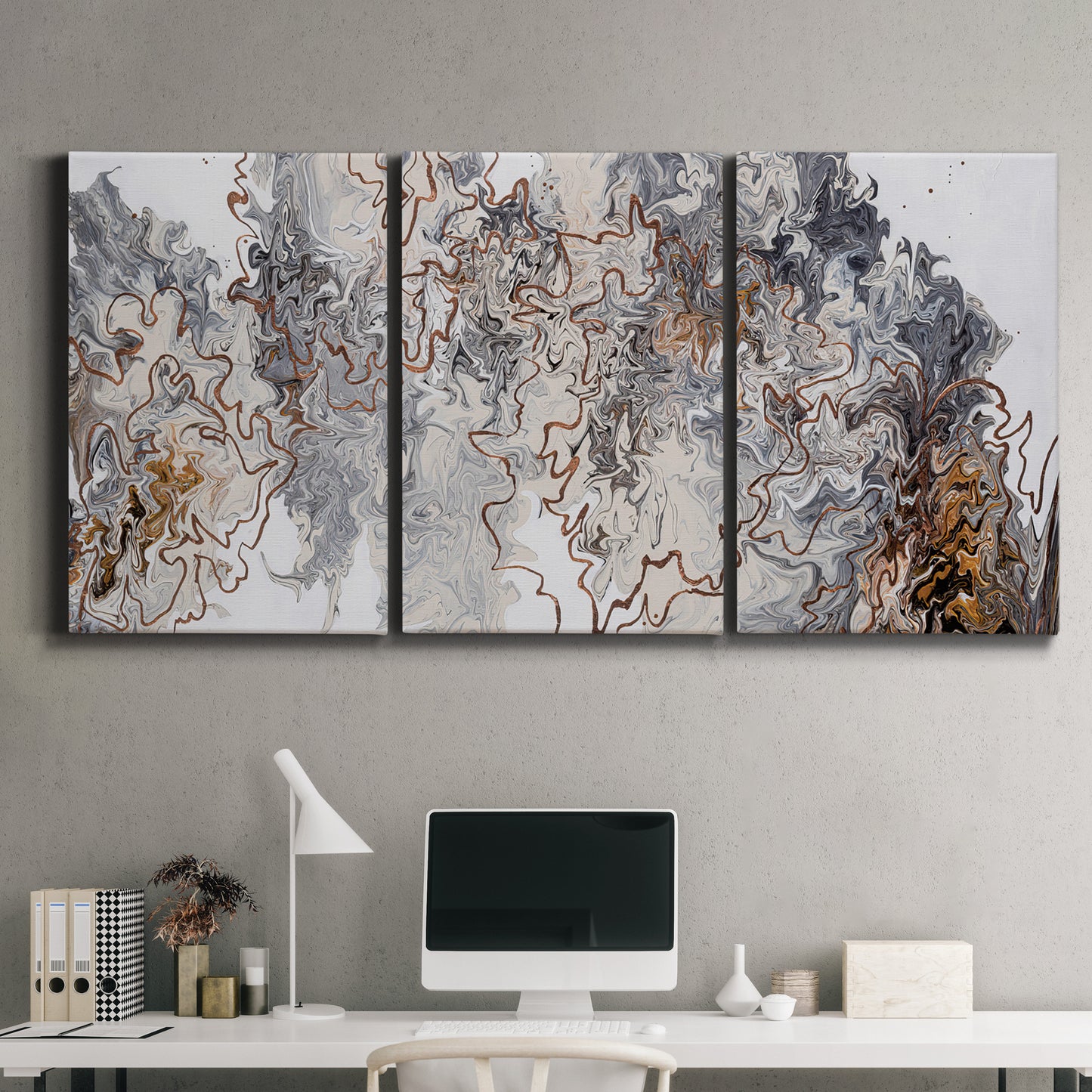 Three-panel canvas wall art featuring wooded trail through forest, displayed above a desk in a home office.