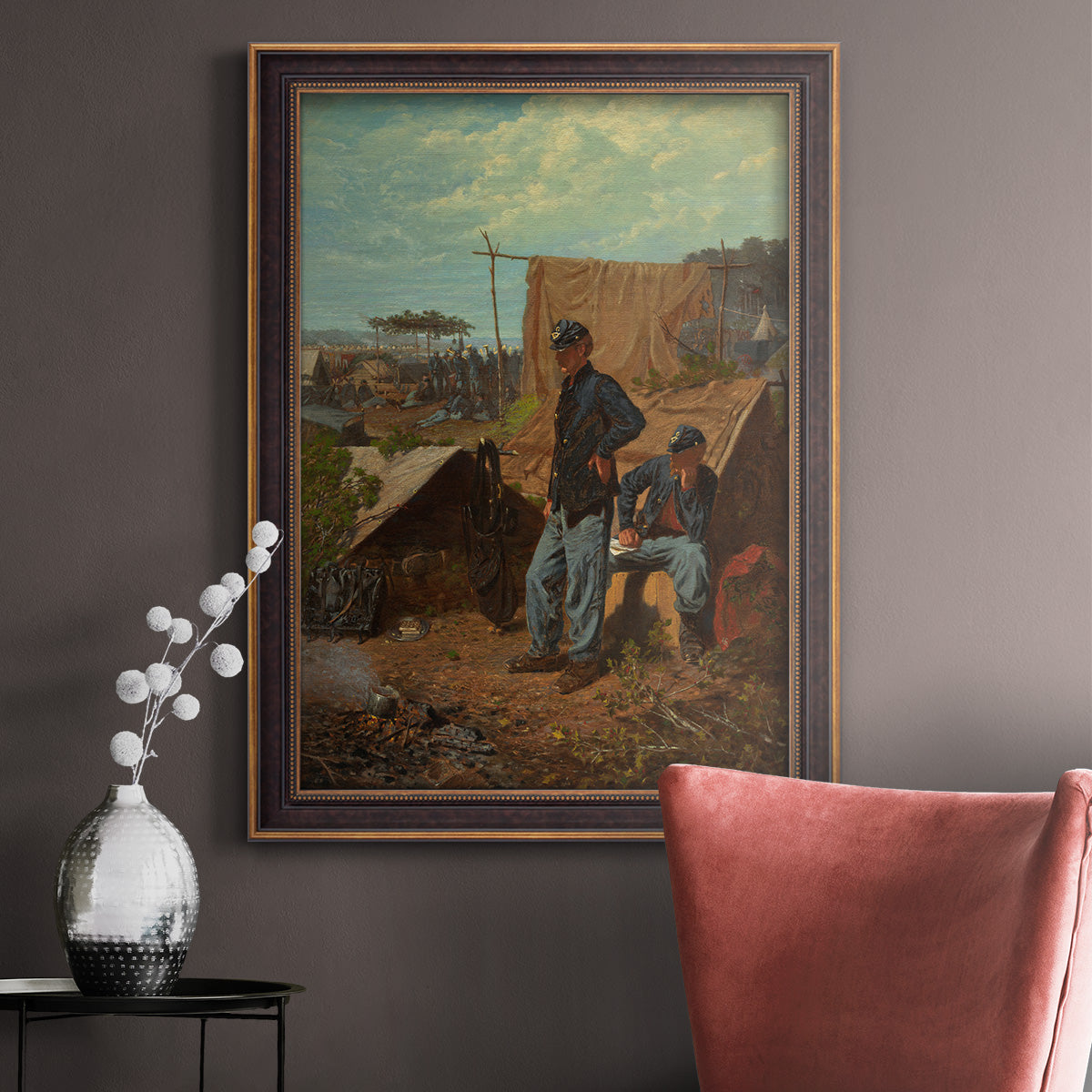 American genre scene of domestic life by Winslow Homer in an ornate bronzed mahogany wood frame displayed in a neutral interior setting.