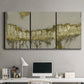 Three-panel canvas wall art featuring gold accented abstract ravine, displayed above a desk in a home office.