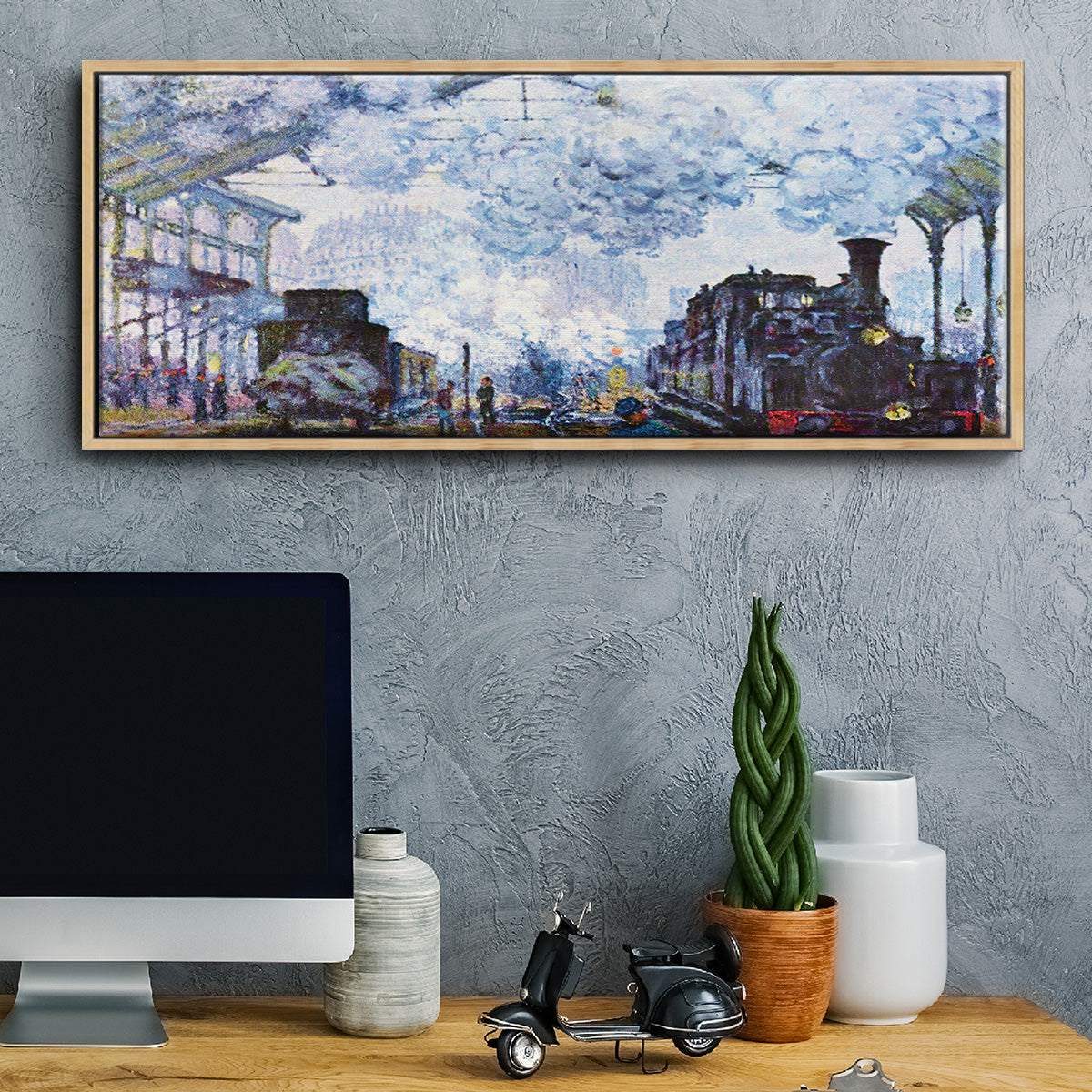 Saint Lazare Station in Paris, Arrival of a Train - Floater Framed Canvas Print