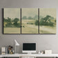 Three-panel canvas wall art featuring pasture landscape in soft watercolor, displayed above a desk in a home office.