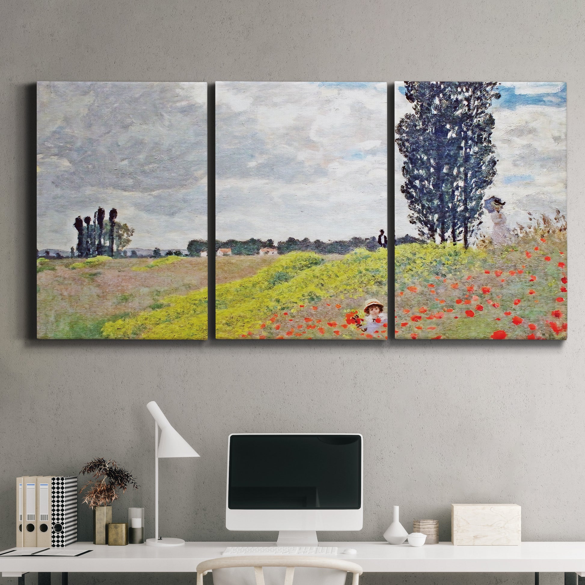 Three-panel canvas wall art featuring open poppy field in countryside, displayed above a desk in a home office.