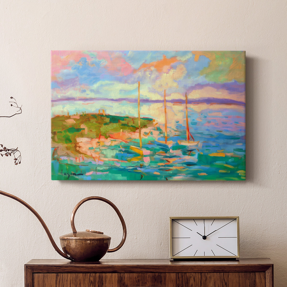 Colorful seascape with boats and vibrant skies over a coastal landscape in late afternoon light