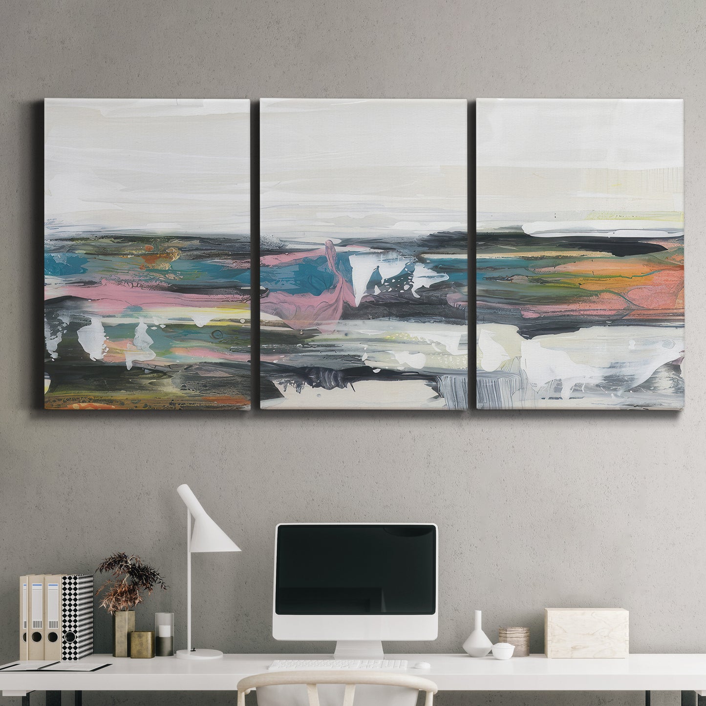 Three-panel canvas wall art featuring cheerful abstract coastal seascape, displayed above a desk in a home office.