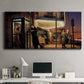 Three-panel canvas wall art featuring cinematic nighttime theater scene, displayed above a desk in a home office.