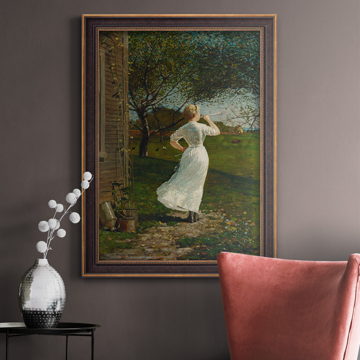 Narrative religious genre scene by Winslow Homer in an ornate bronzed mahogany wood frame displayed in a neutral interior setting.