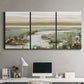 Three-panel canvas wall art featuring pastoral fields under soft sunrise, displayed above a desk in a home office.