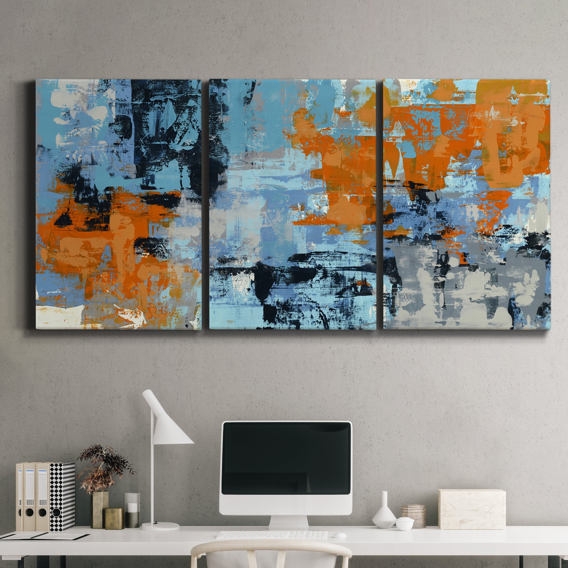 Three-panel canvas wall art featuring mid century abstract playground shapes, displayed above a desk in a home office.